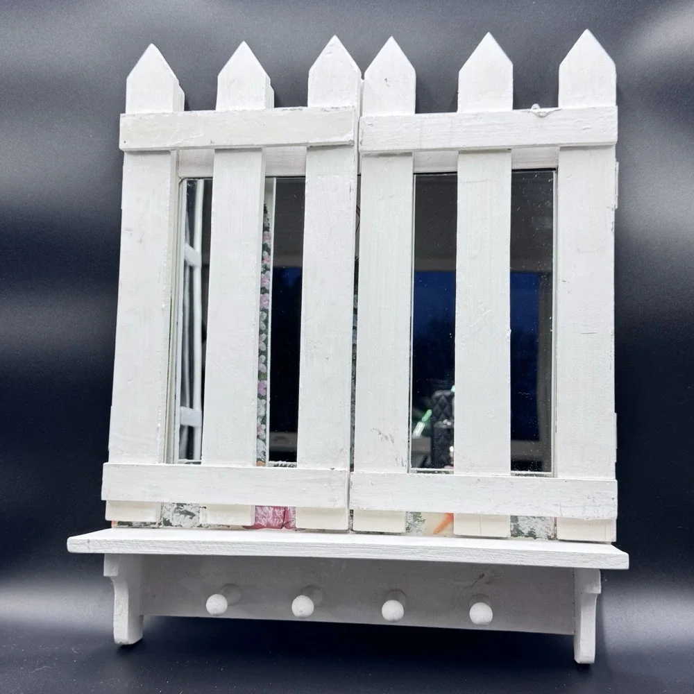 VTG Cottagecore Tri-Fold Mirror‎ Shelf W/pegs Decorative Wood Wall Hanging Shelf